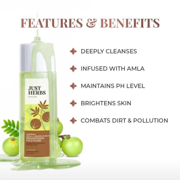 Just Herbs Brightening Face Wash – Enriched with Vitamin C, Amla & Liquorice | For All Skin Types | Toxic Chemical Free Face Wash - Image 2