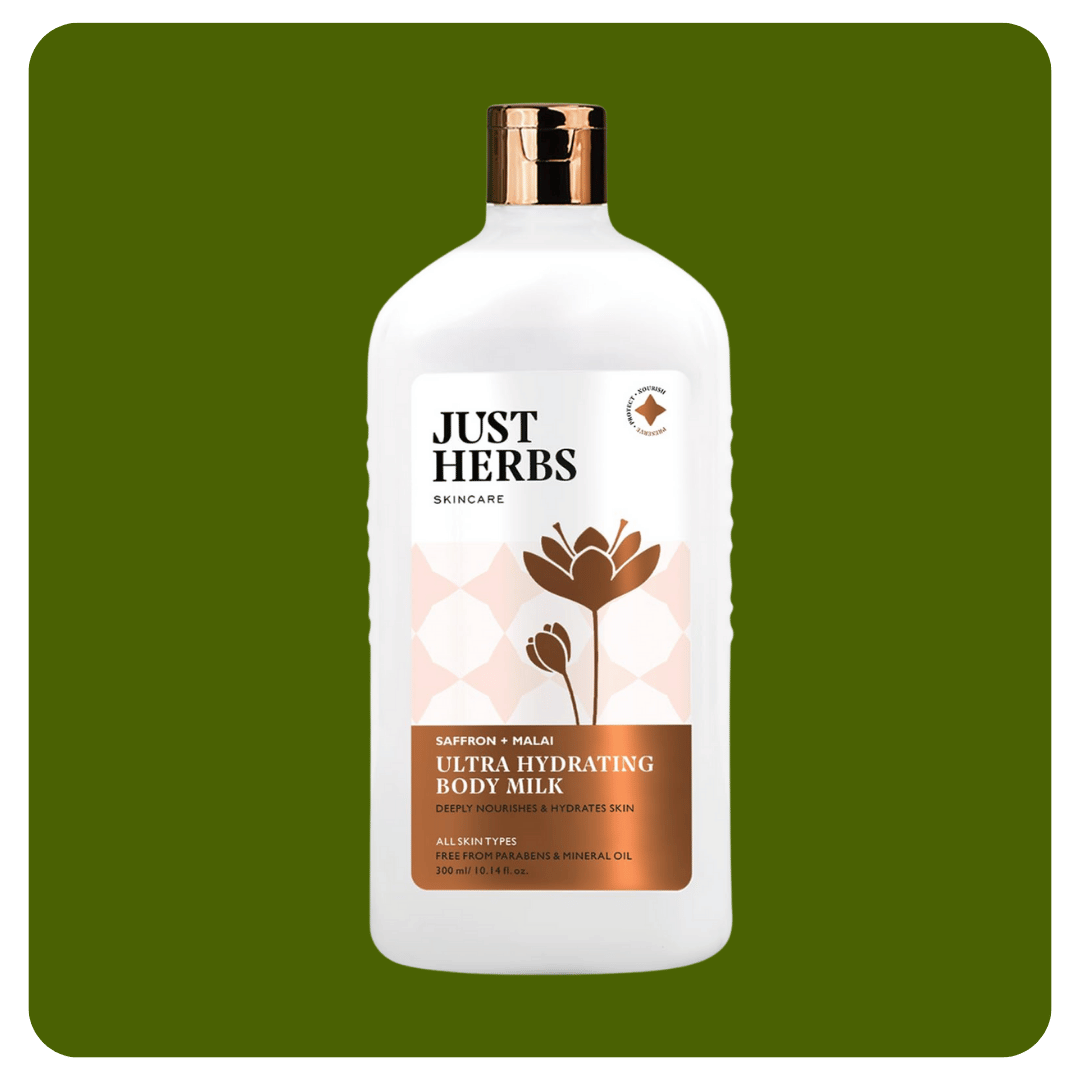 Just Herbs Saffron & Malai Body Milk – Nourishing Hydrating Body Lotion for Dull & Dry Skin (300ml)